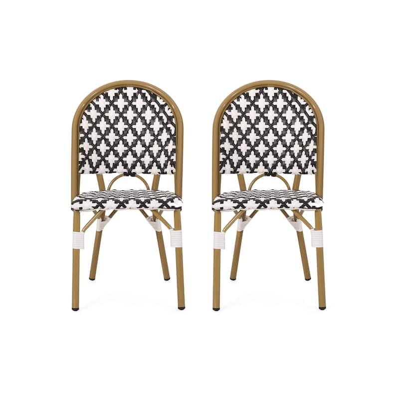 Louna Outdoor French Cafe Chairs (Set of 2) by Christopher Knight Home - Black + White + Bamboo Print Finish