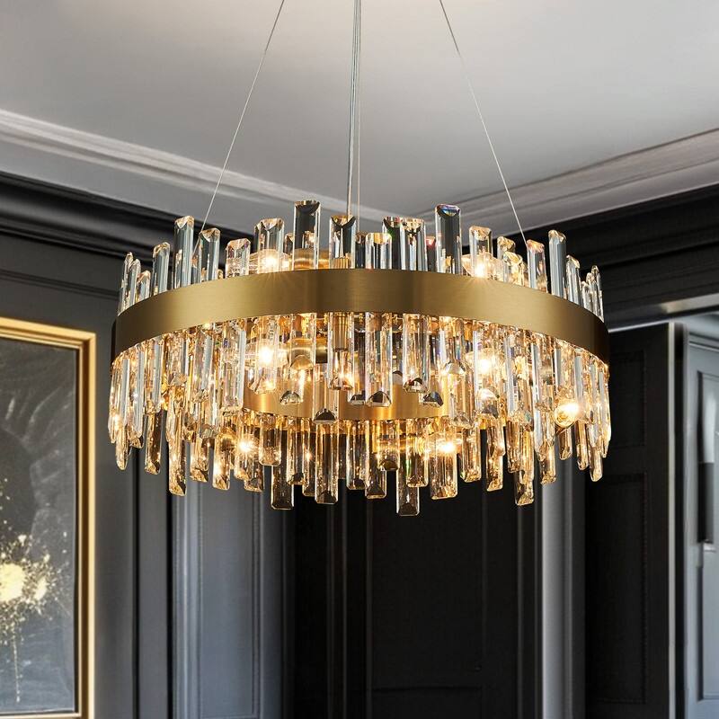32 in. 2-Tier Modern Crystal Chandelier Brass Gold Round Crystal Raindrop Chandelier Contemporary Pendant Light for Dining Room