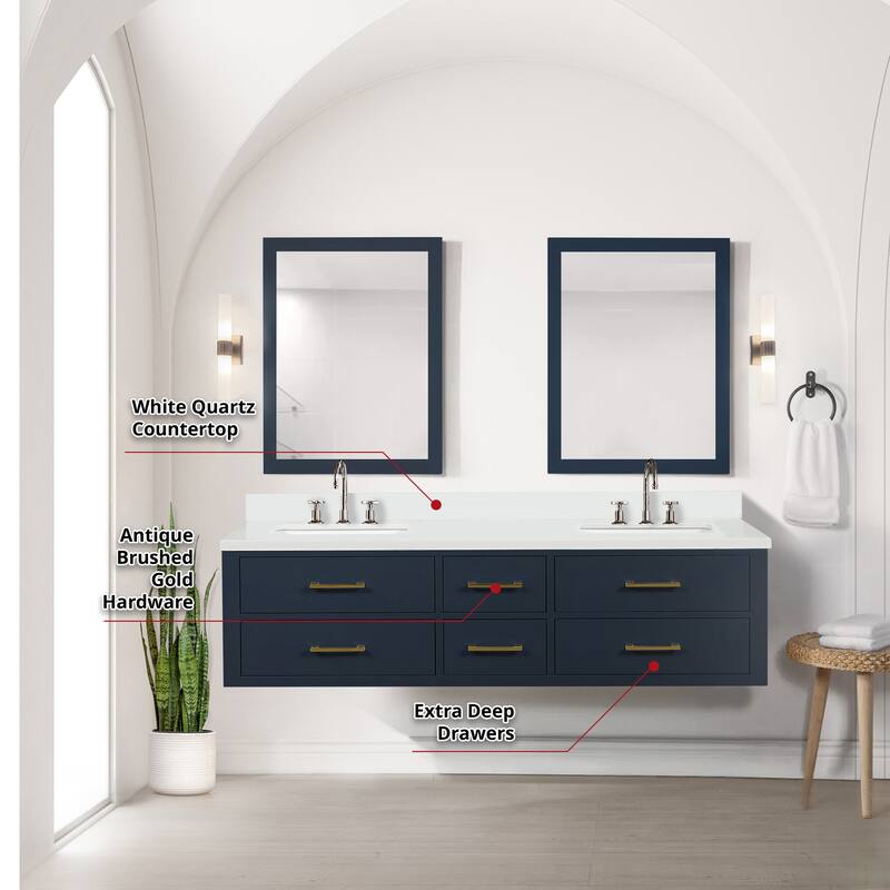 Castor 60 in W x 22 in D Black Double Bath Vanity, White Quartz Top, Faucet Set, and 28 in Mirrors
