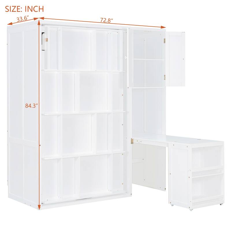 Twin Size Rotating Murphy Wall Bed with Bookshelf, Top Cabinet, Extendable Desk and Side Storage