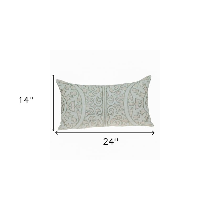 14" X 24" Beige and Green Linen Lumbar Throw Pillow with Embroidery
