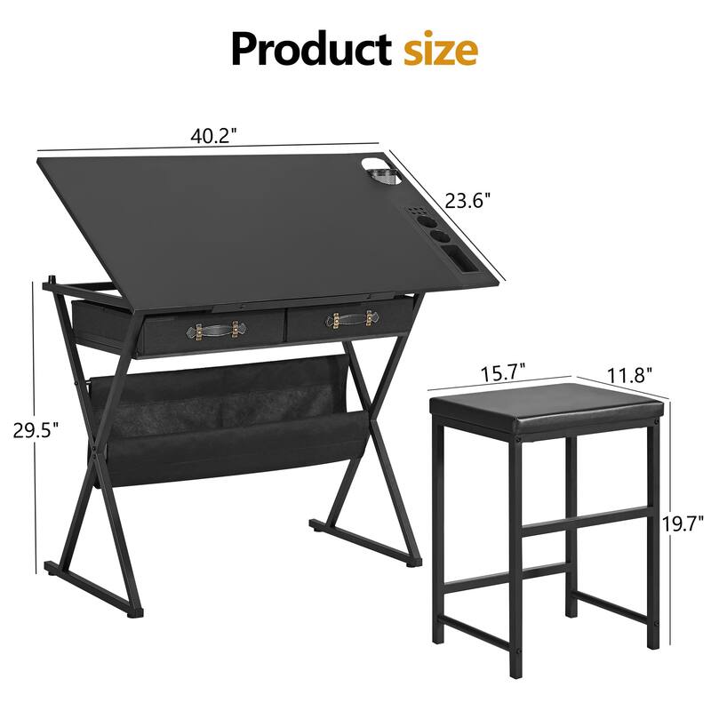 VECELO Drafting Table Set with Stool Set of 2 Tilting Art Desk with Pencil Ledge Storage Drawers with X-Frame for Home Studio