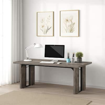 Ada Executive Office Desk, 71 Inch Rectangular Gray Top, Black Metal