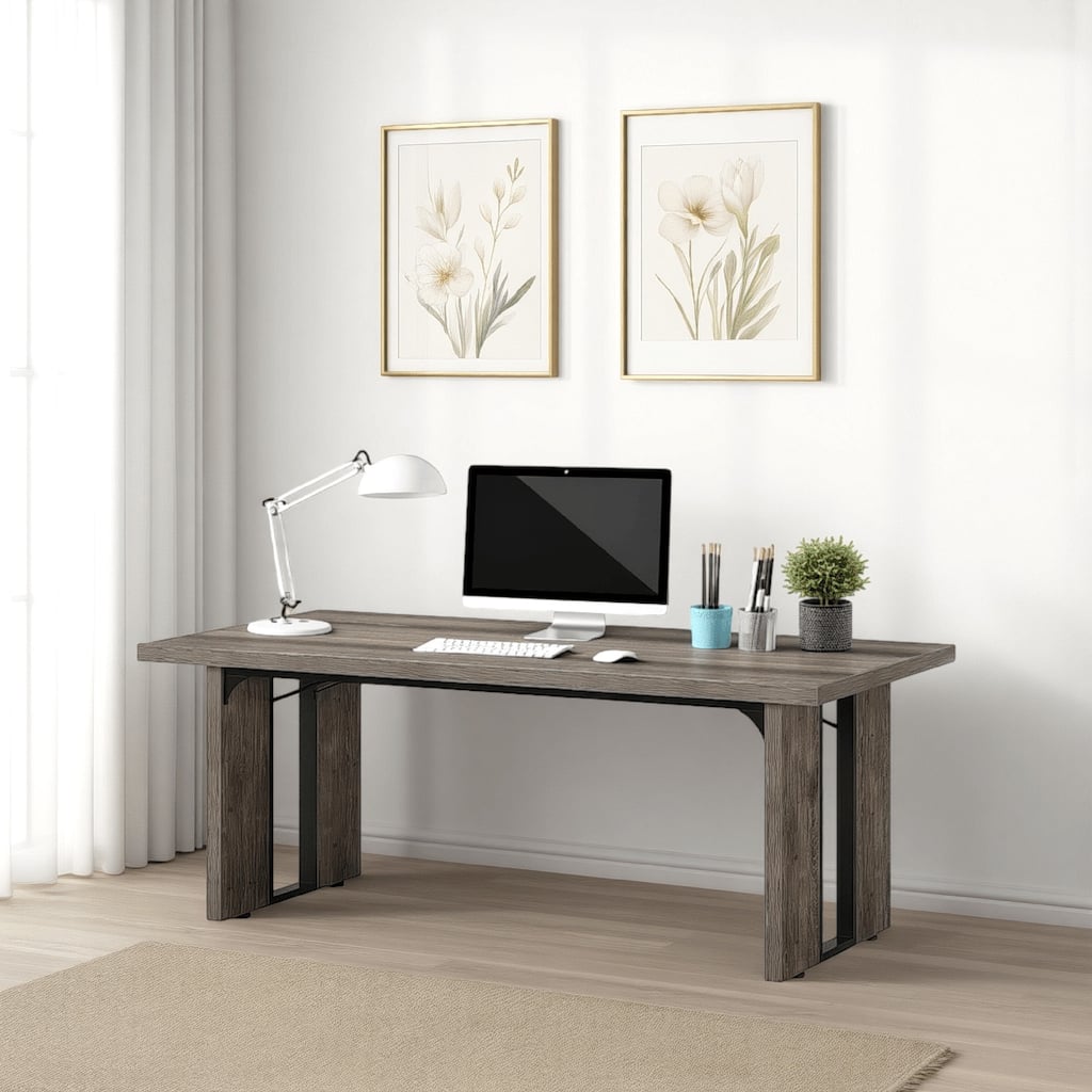 Ada Executive Office Desk, 71 Inch Rectangular Gray Top, Black Metal