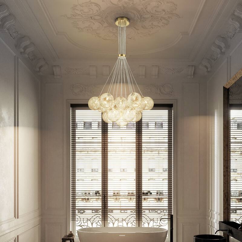 13/ 19-Light Modern Gold Sputnik Cluster Swirled Glass Globe Bubble Chandelier