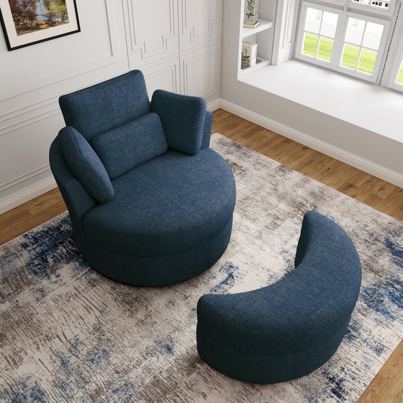 Chenille/Boucle Swivel Barrel Chair with Storage Ottoman - Chair Ottoman Set - CHENILLE/NAVY/Set