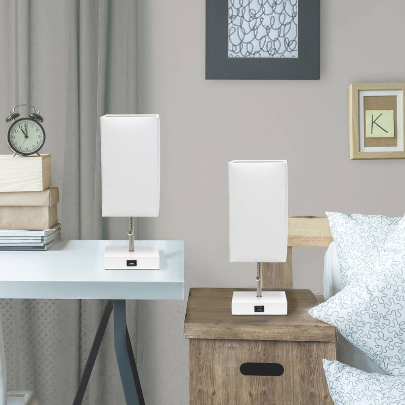Simple Designs Petite White Stick Lamp with USB Charging Port and Fabric Shade 2 Pack Set - 5 x 5 x 14.25 (L x W x H)