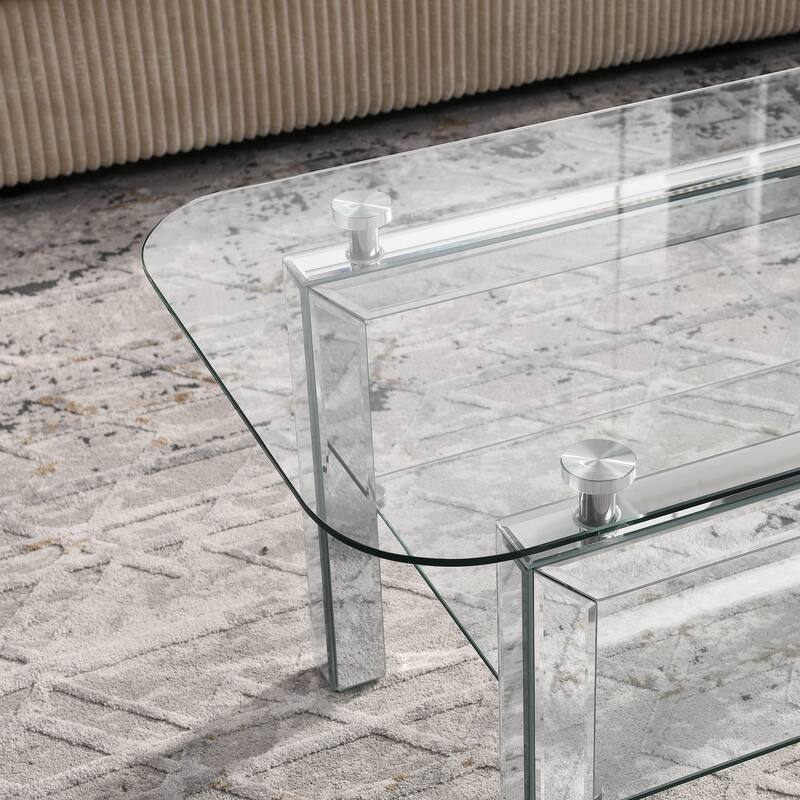 Rectangle Tempered Glass Coffee Table, Tea Table for Waiting Room, Modern Side Coffee Table with Mirrored Stainless Leg
