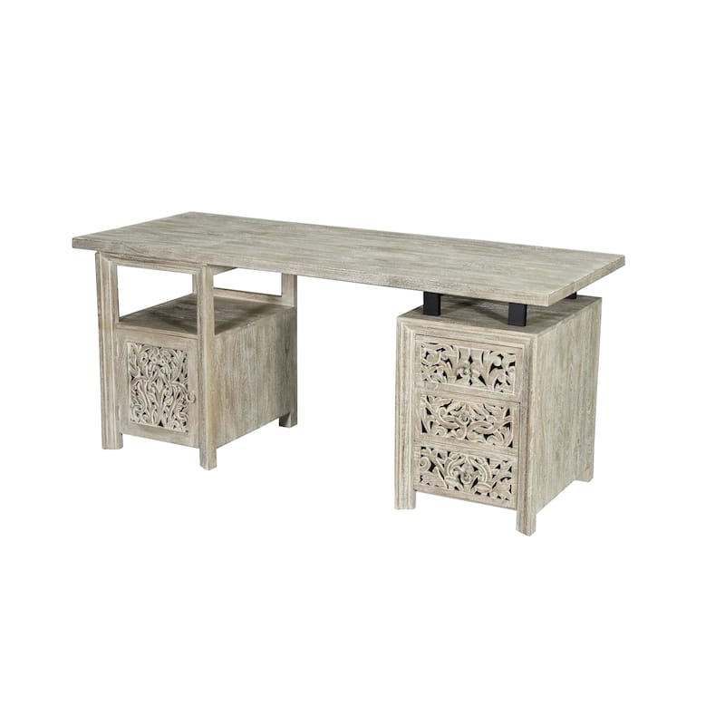 Floral Motif Solid Wood Desk with 3 Drawers and 1 Door