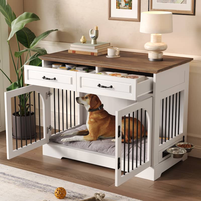 43.3" Dog Crate Furniture, Heavy Duty Indoor Dog Kennel with 2 Storage Drawers, Dog Cage with Side Doors for Medium Large Dogs