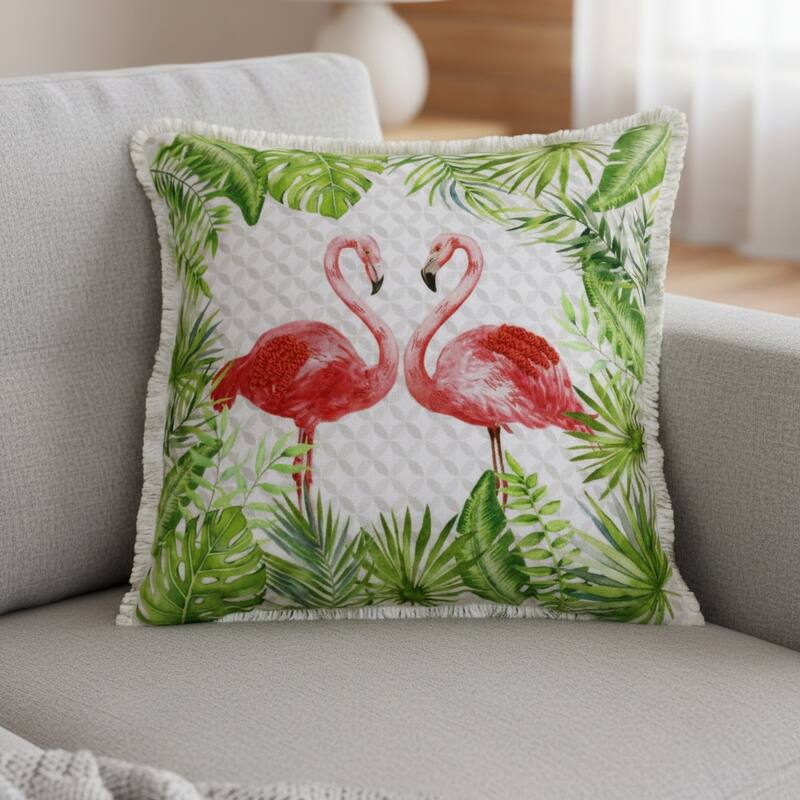 20" Off White Pink And Green Flamingo Throw Pillow Cover with Fringe - Cover Only - 20.00 in. x 20.00 in.  x 0.50 in. - Green/Off White/Pink - Pillow Covers