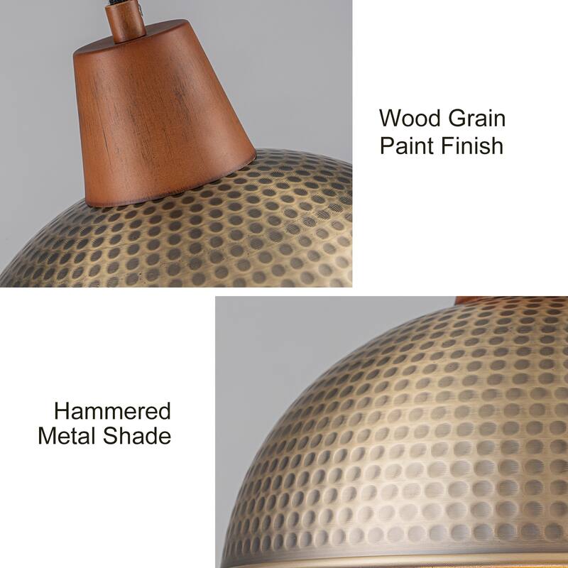 Industiral Hammered Antique Bronze Wood Dome Pendant Light - W12"