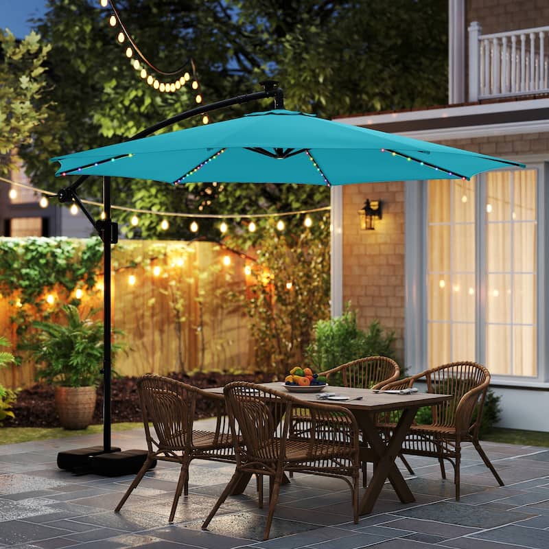 Costway 10 FT Solar Offset Hanging Umbrella with Base Patio Cantilever