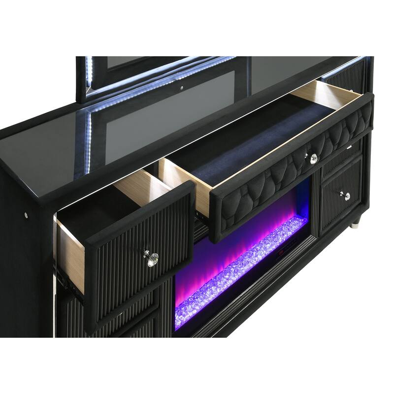 Lorient 8-drawer LED Flame Box Dresser and Mirror Black