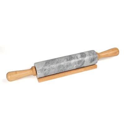 Creative Home Gray Marble 18" Length Rolling Pin w/Deluxe Wood Handles and Cradle