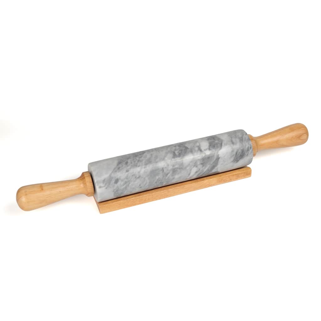 Creative Home Gray Marble 18" Length Rolling Pin w/Deluxe Wood Handles and Cradle