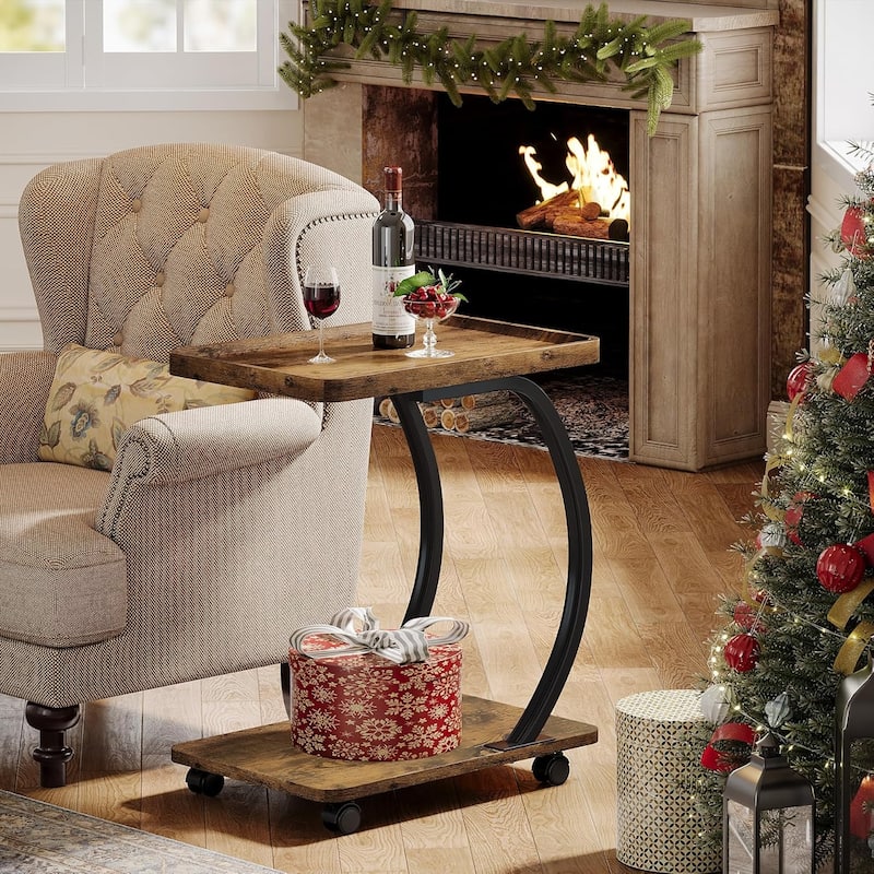 C-Shaped End Table with Wheels, Industrial 2-Tier Small Side Table - 1-Piece