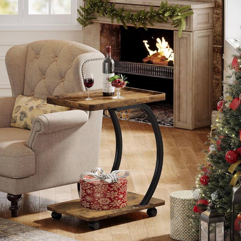 Industrial 2-Tier C-Shaped End Table with Wheels, Wood Small Side Table with Metal Frame, for Living Room Small Spaces