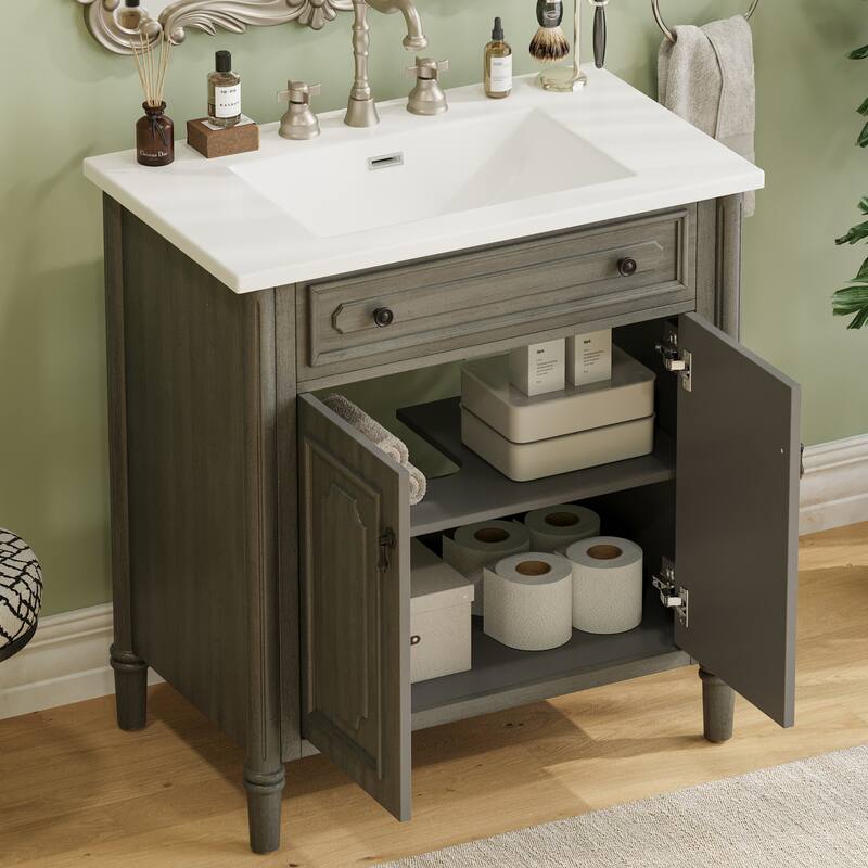 31 Inch Vintage Bathroom Vanity with Sink Soft Close Doors Adjustable Shelf Rubber Wood Legs, Curved Profile Design