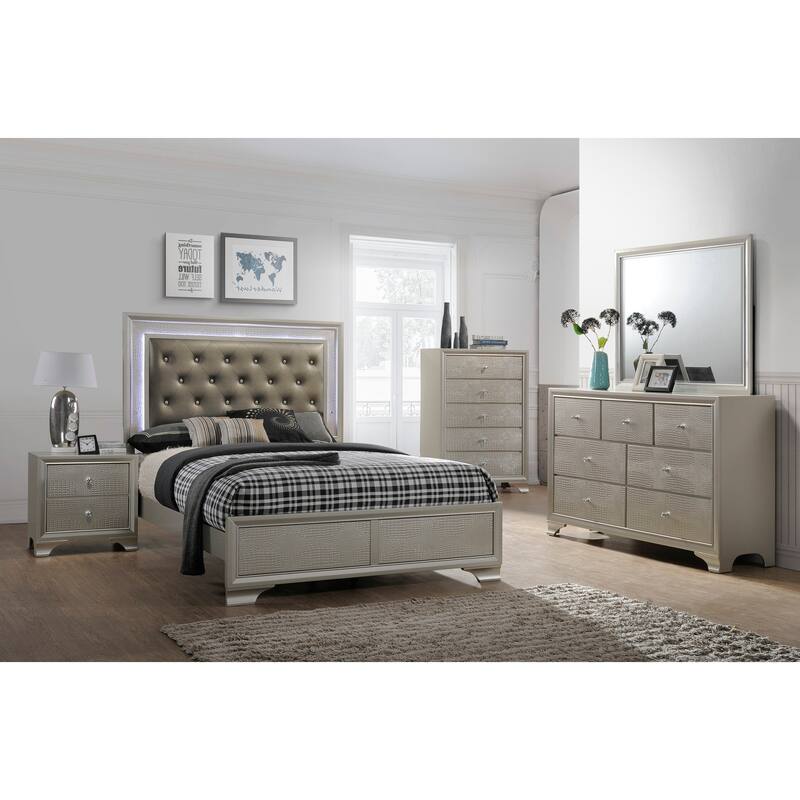 Kym Champagne LED Faux Leather Upholstered Tufted Panel Bed