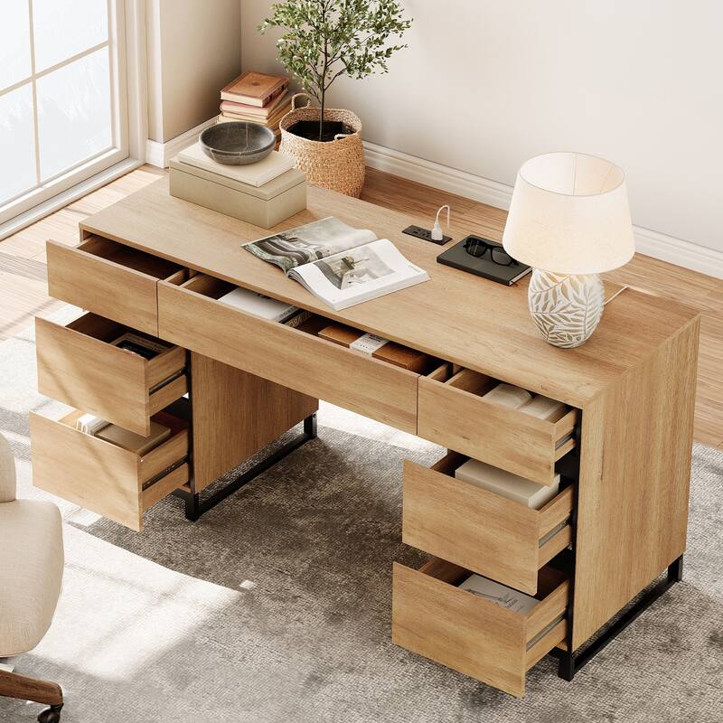 59In Modern Executive Desk With Charging Station & Drawers And 2 PCS 72In Tall BookcasesFor Living Room, Bedroom