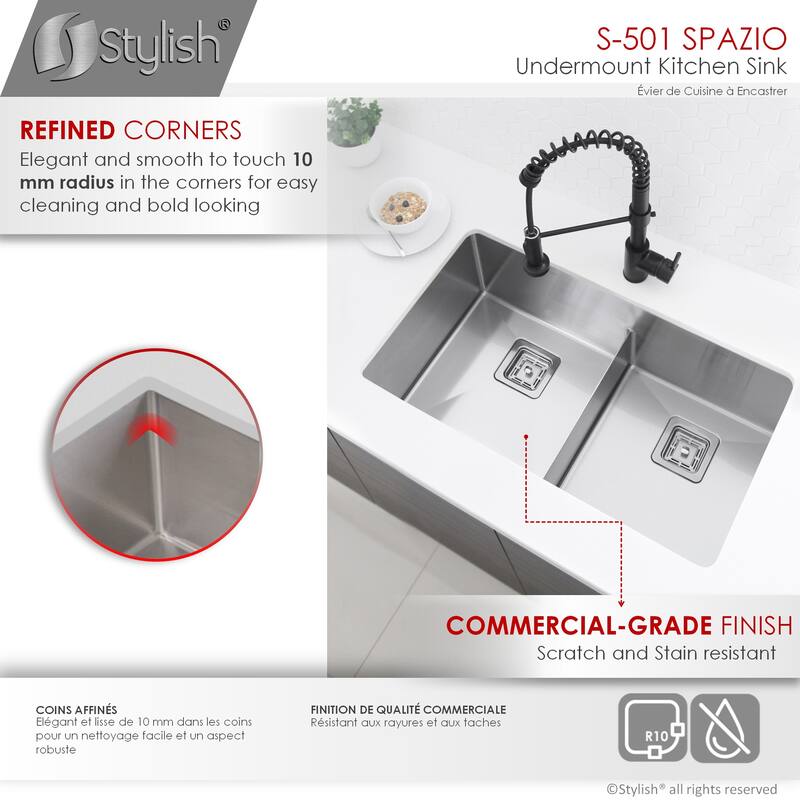 STYLISH 33 inches L x 18 inches W Stainless Steel Double Basin Undermount Kitchen Sink with Grids and Strainers