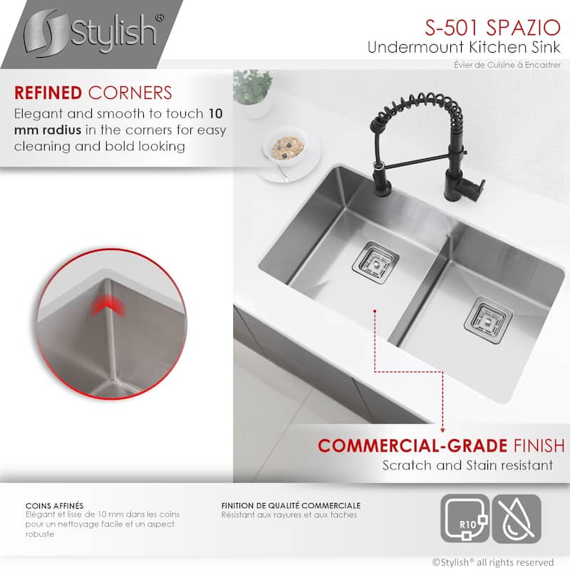 Undermount 33" Stainless Steel Double-Bowl Kitchen Sink Handmade - 33" x 18" x 10"