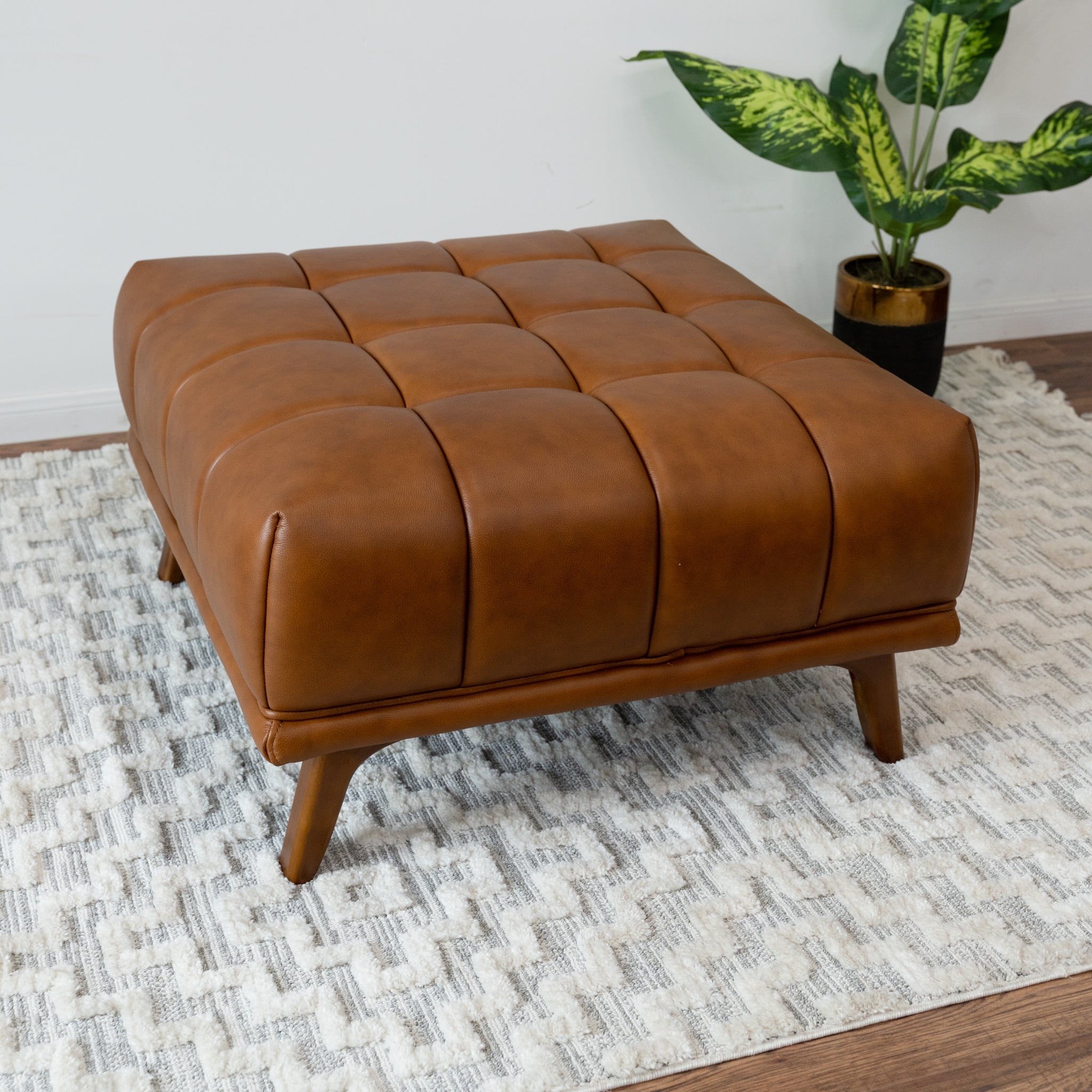 Kameron Mid-Century Tufted Upholstered Tufted Back Leather Ottoman in Tan