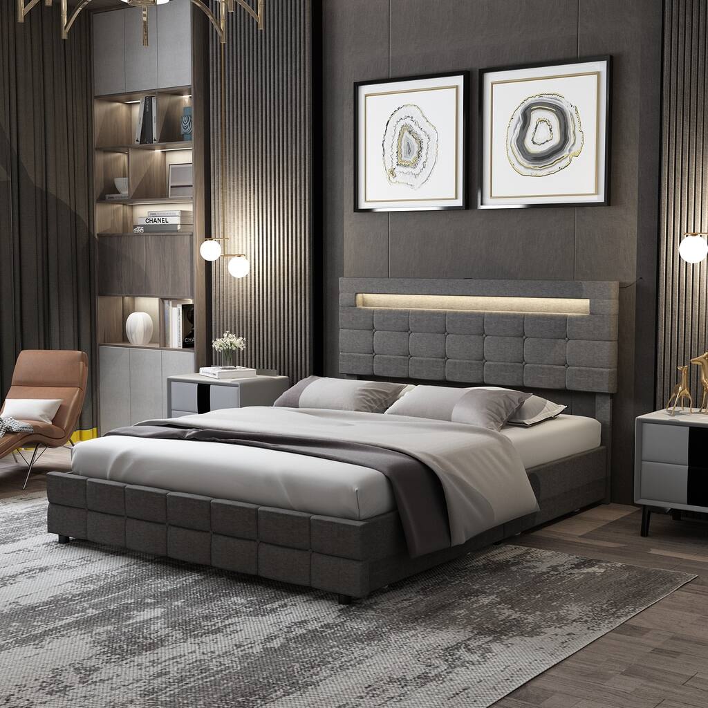 Queen Bed Frame with Storage Drawers Adjustable Headboard Lights LED