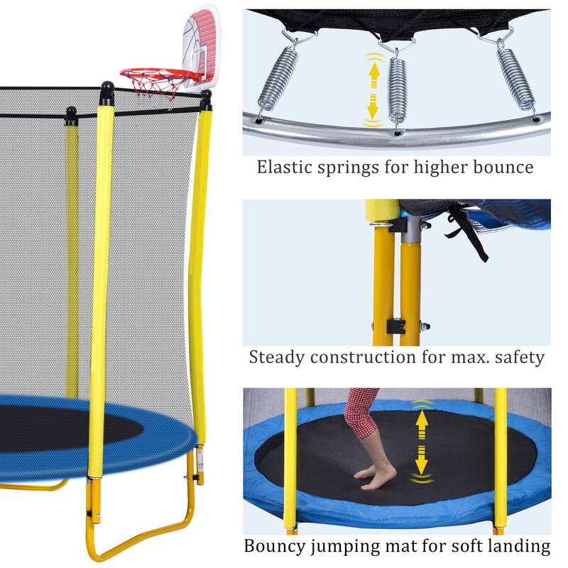 Toddler Trampoline - Safety Enclosure Net & Balls, Indoor Outdoor Mini Trampoline - Yellow - 65