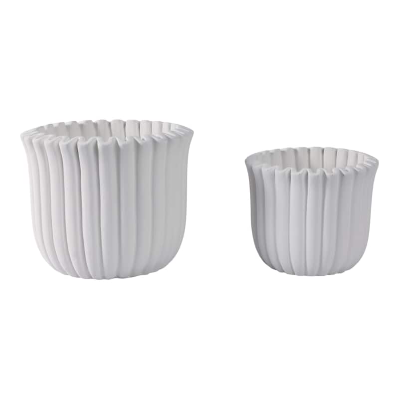 Pottery Cement Planters Textured Ribbed Sculptural Design (Set of 2) - 7.5" x 7.5" x 6"