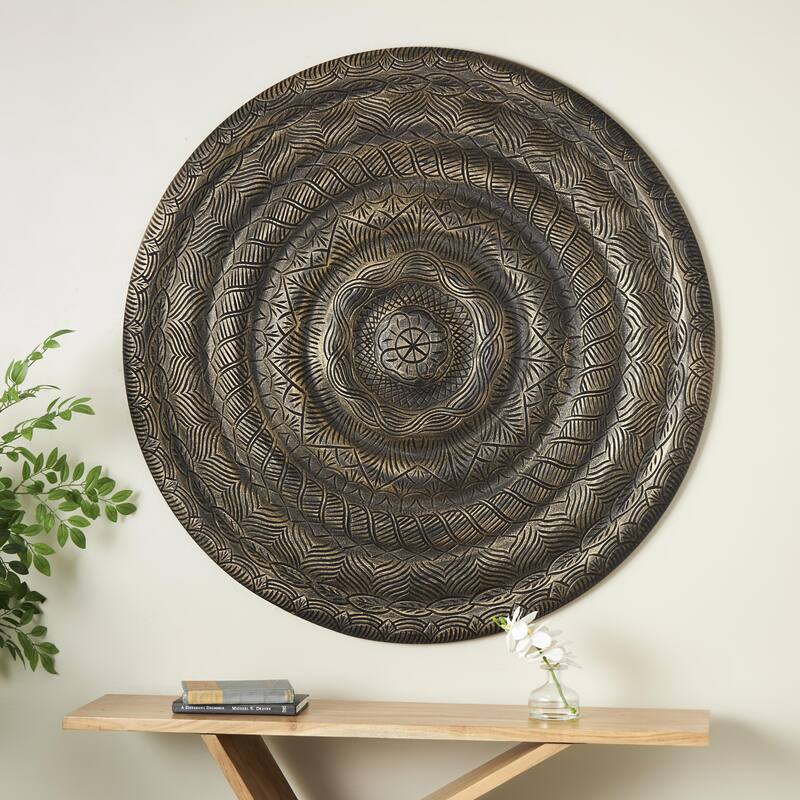 Wooden Floral Carved Wall Decor with Scroll and Leaf Details - Bronze - Roche River Decor