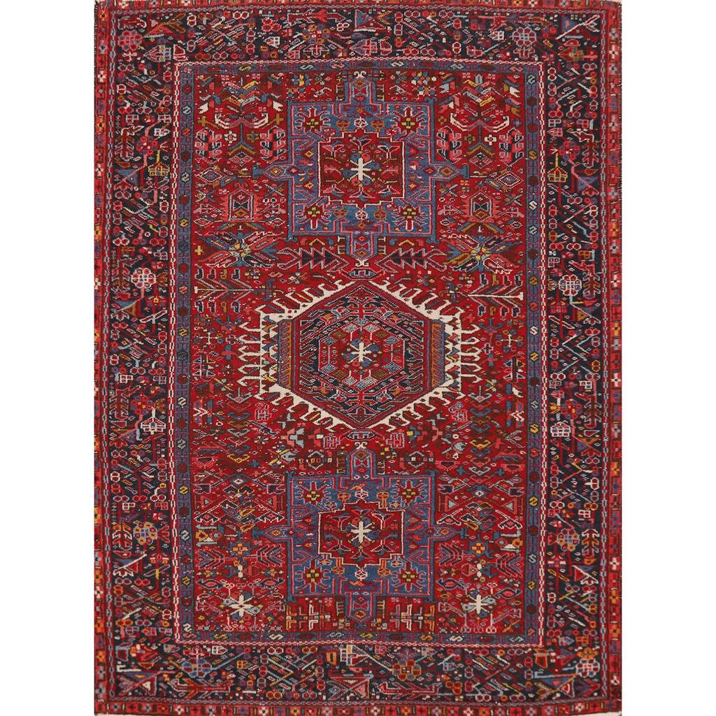 Tribal Geometric Gharajeh Persian Rug Red Hand-Knotted Wool Carpet - 5'0"x 6'3"