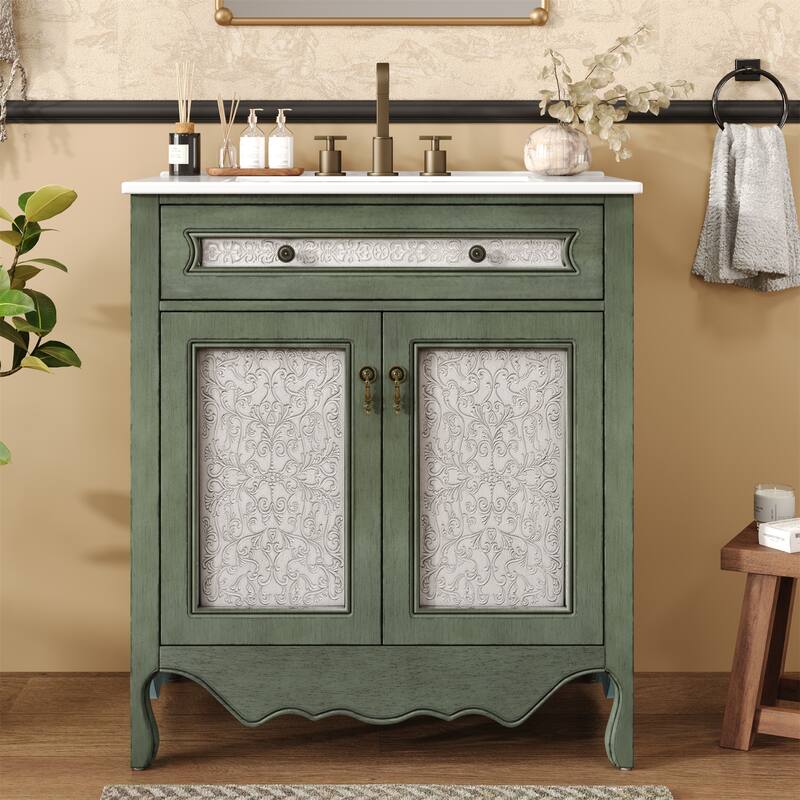 30" Antique Pattern Bathroom Vanity with Rectangle Ceramic Sink - Antique Green Blue