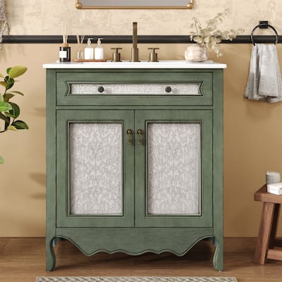 30" Antique Pattern Bathroom Vanity with Rectangle Ceramic Sink