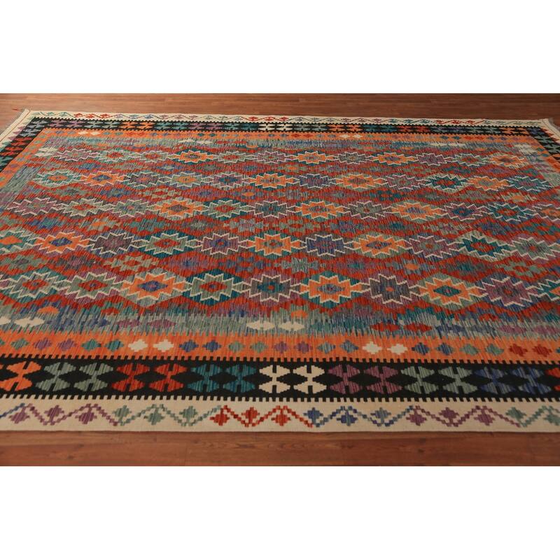 Geometric Kilim Area Rug Flatweave Wool Carpet - 8'8"x 11'10"