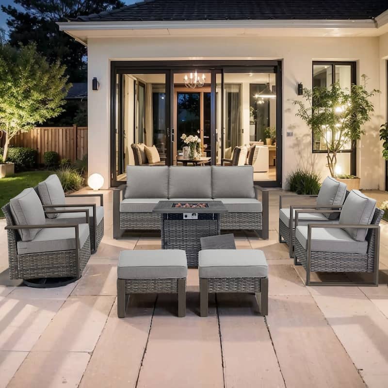 Pocassy Outdoor Fire Pit Conversation Set 3-Seat Sofa Chairs Patio Furniture Set - Grey Wicker Gray Cushion - 8-Piece Sofa Chair with Fire Table