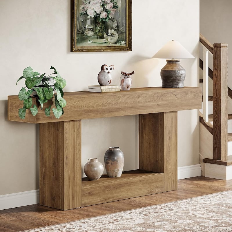 63" Long Console Table, Farmhouse 2-Tier Entryway Table with U-Shaped Base - 63" W x 11.8" D x 32.3" H