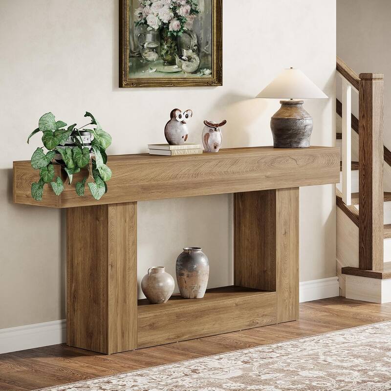 63 Inches Brown/ Gray Wood Hallway Table, Farmhouse Console Table for Entryway