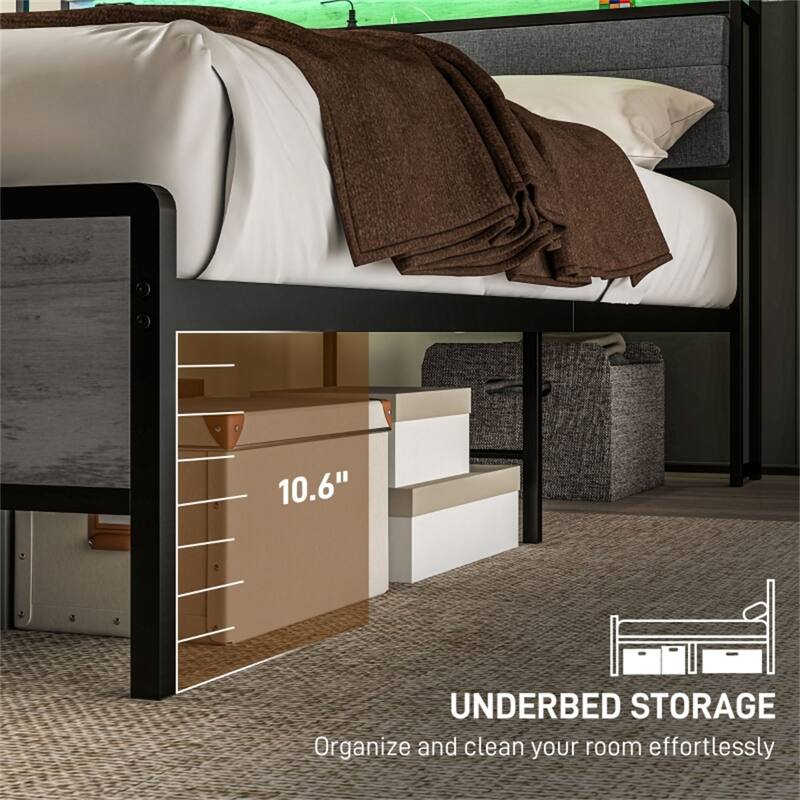 Platform Bed with Powder-Coated Metal Frame and RGB LED Remote Lights USB Charging