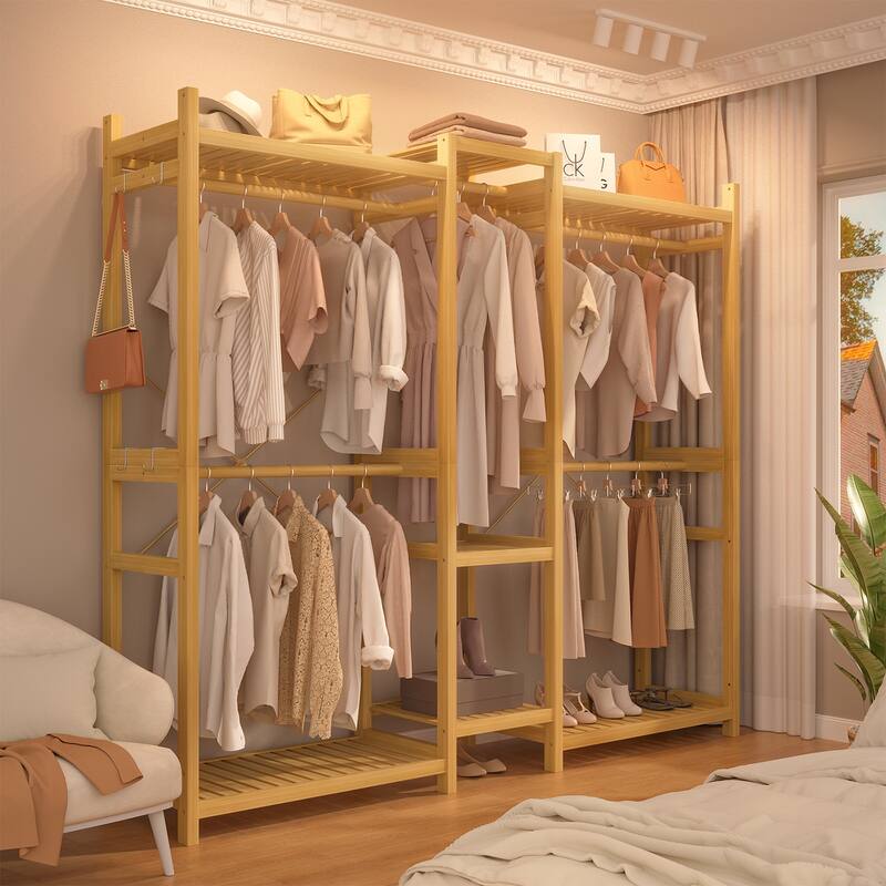 Bamboo Closet System Clothes Rack, Large Freestanding Garment Rack Clothing Rack for Hanging Clothes