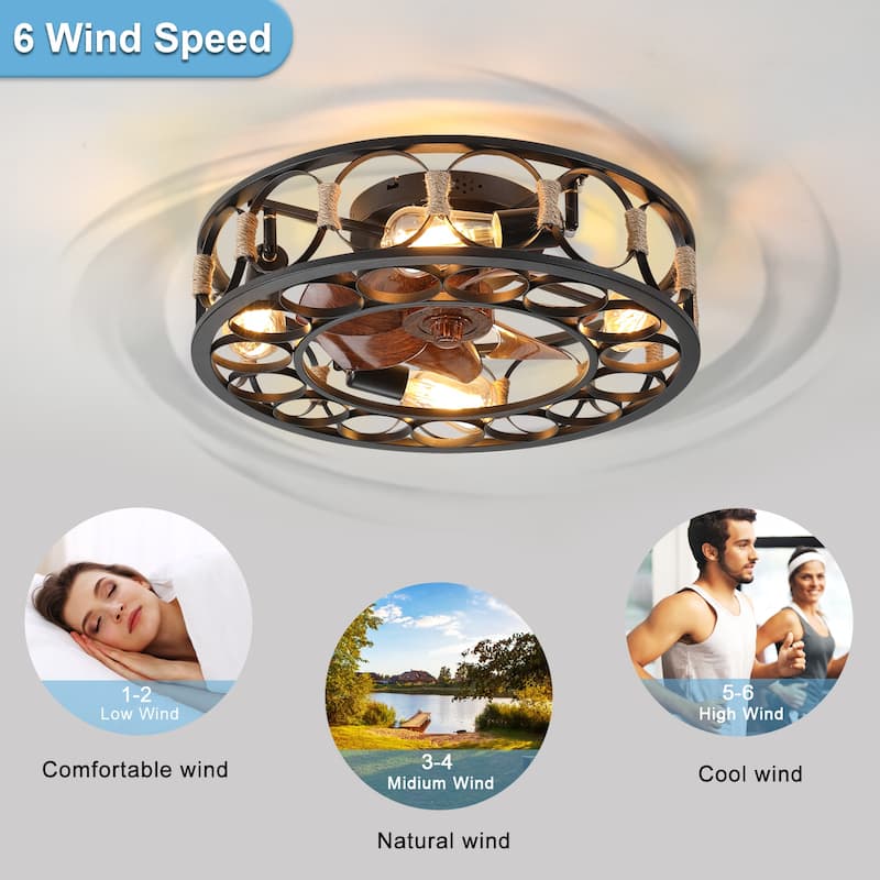 19.7 Inch Caged Ceiling Fan with Lights Remote Control, Low Profile Flush Mount Farmhouse Modern Ceiling fans - Black