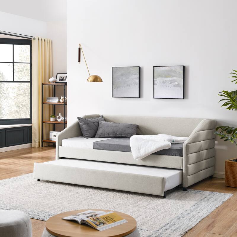 Linen Tufted Daybed with Trundle - Beige - Twin