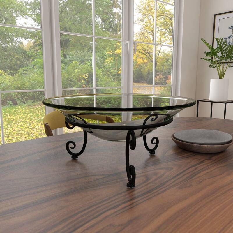 Clear Tempered Glass Kitchen Serving Bowl with Black Metal Scroll Stand