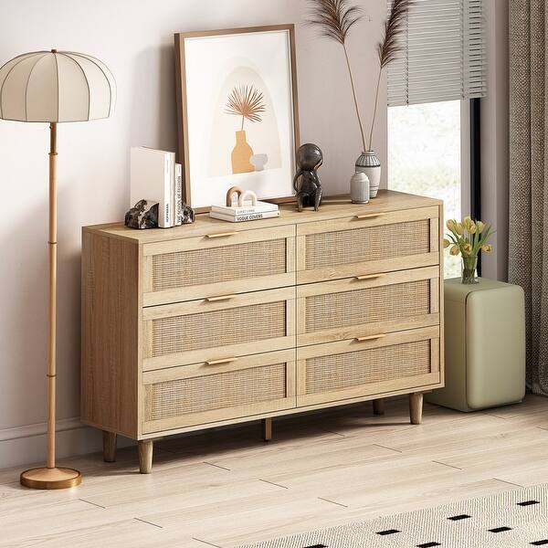6 Drawer Dresser, Modern Rattan Dresser Chest with Wide Drawers, Farmhouse  Storage Chest of Drawers for Bedroom, Living Room - On Sale - Bed Bath &  Beyond - 38292752