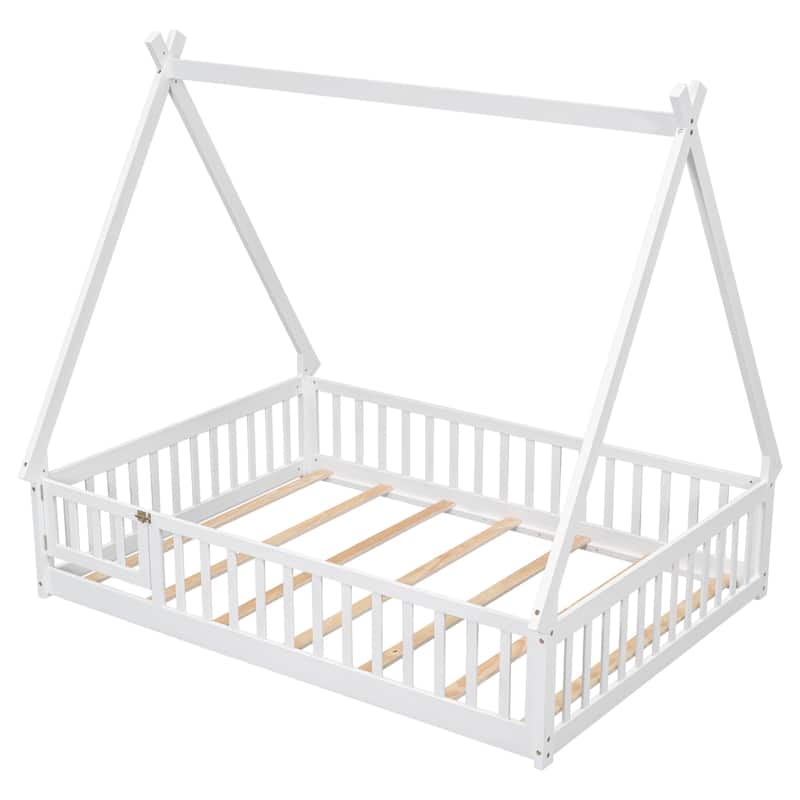 Full Tent-shaped Floor Bed, with Guardrails, Slats, Door