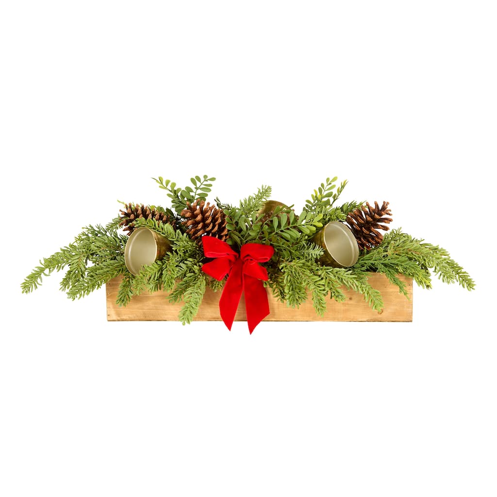 National Tree Company 27 in. Artificial Christmas Bells Centerpiece with Pinecones, Red Bow, and Bells - 27 in