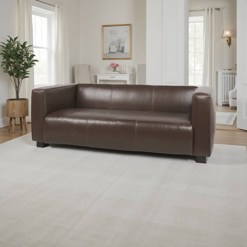 3 Seater Sofa, Low Profile Dark Brown Faux Leather, Birch, 80 Inch