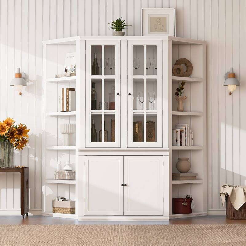 75.25in Tall Display Cabinet and Two Triangle Sided Bookshelves - White