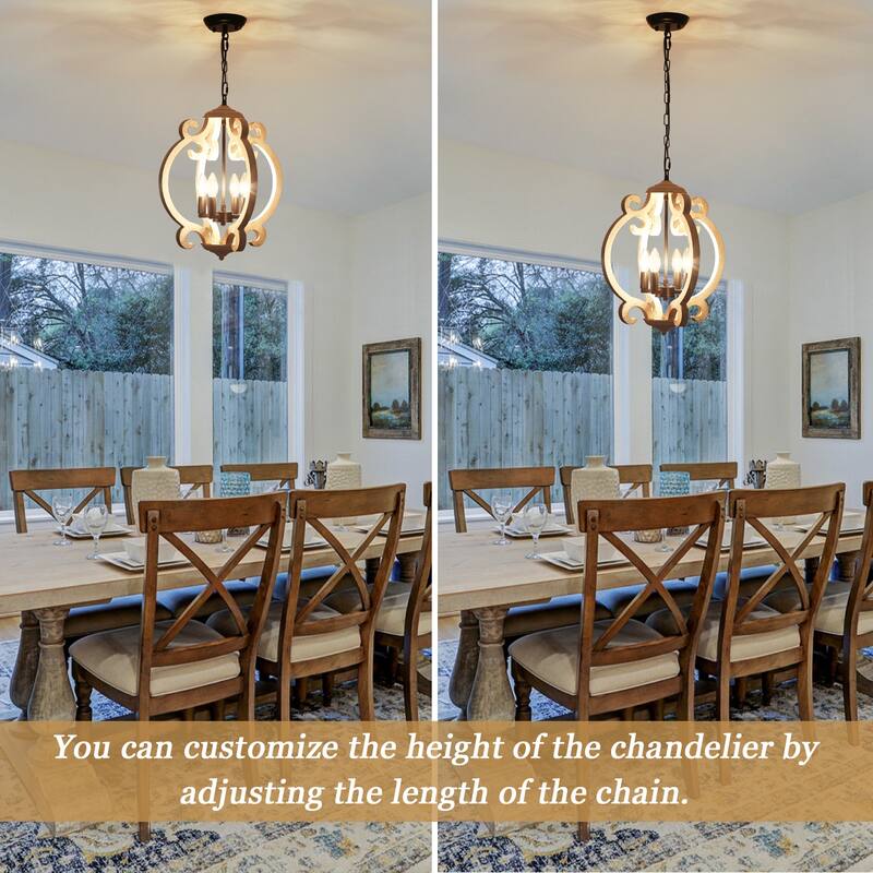 4-Light 15.74-inch Farmhouse Wooden Lantern Chandeliers for Entryway